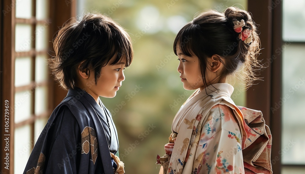 Japanese children in traditional attire facing each other Japanese children in traditional attire facing each other