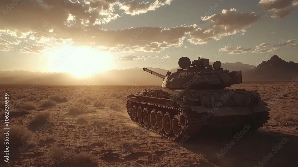 Military Tank in Desert at Sunset with Mountains in Background Military Tank in Desert at Sunset with Mountains in Background