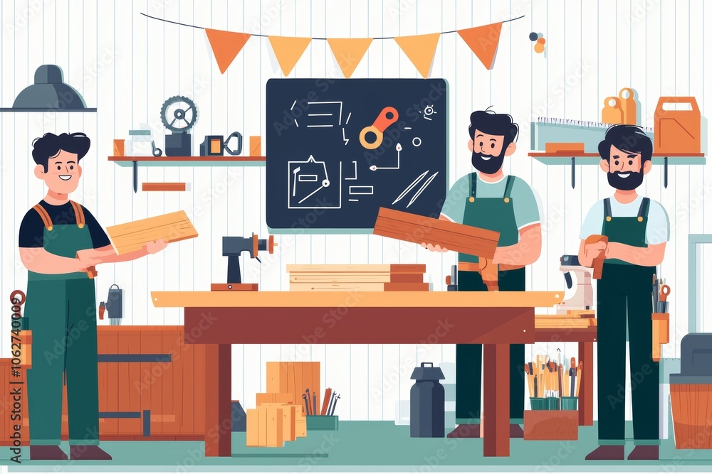 A Detailed Graphic Design Depicting a Workshop Environment with Craftsmen and Tools A Detailed Graphic Design Depicting a Workshop Environment with Craftsmen and Tools