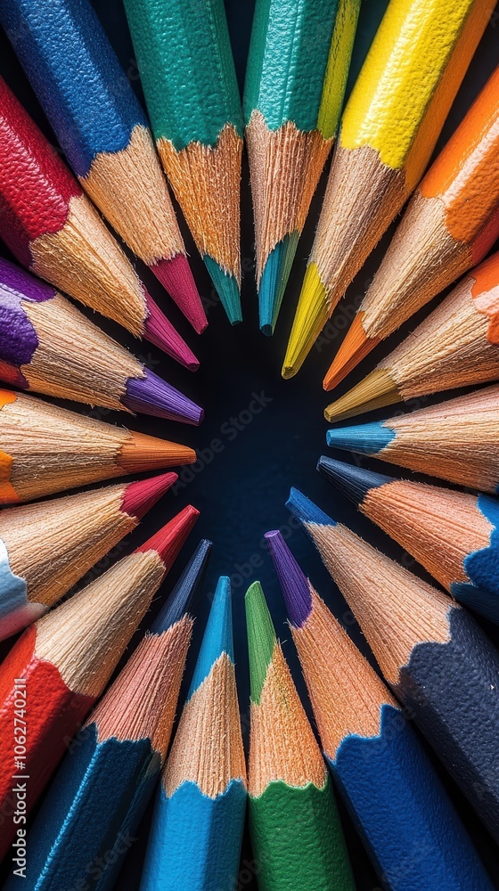 Vibrant pencils arranged in a circle, embodying collaboration and creativity, highlighting the importance of teamwork and artistic expression