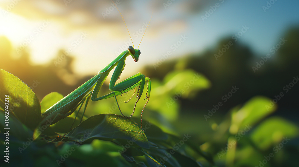 vibrant green praying mantis perched on lush green leaves, illuminated by warm sunlight, creating striking contrast with soft shadows vibrant green praying mantis perched on lush green leaves, illuminated by warm sunlight, creating striking contrast with soft shadows