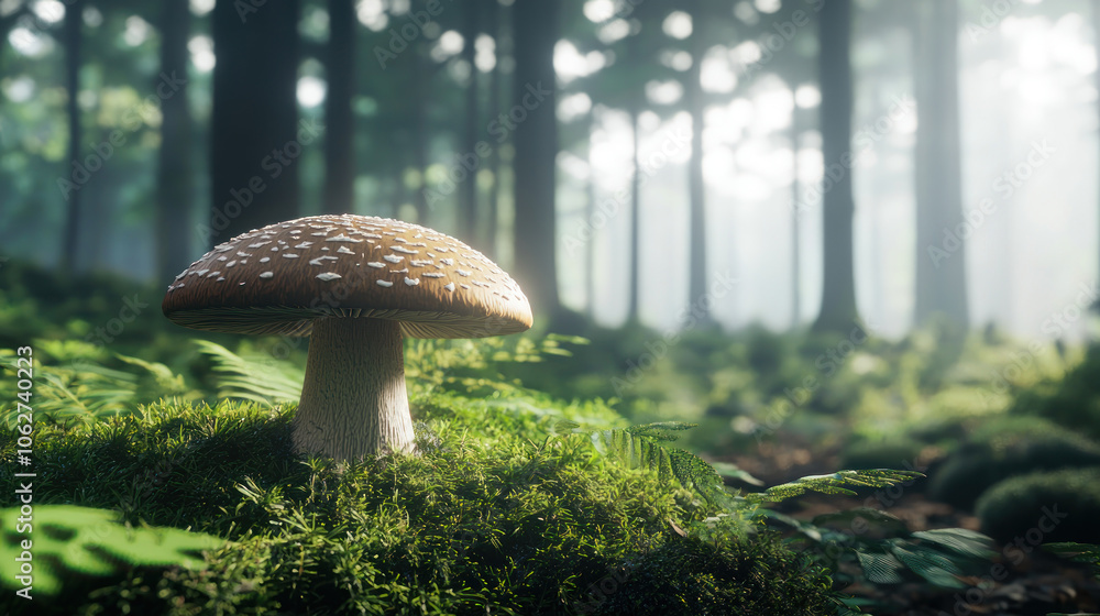 Fototapeta premium single mushroom emerges from lush green moss in serene forest, surrounded by tall trees and soft light filtering through foliage, creating tranquil atmosphere