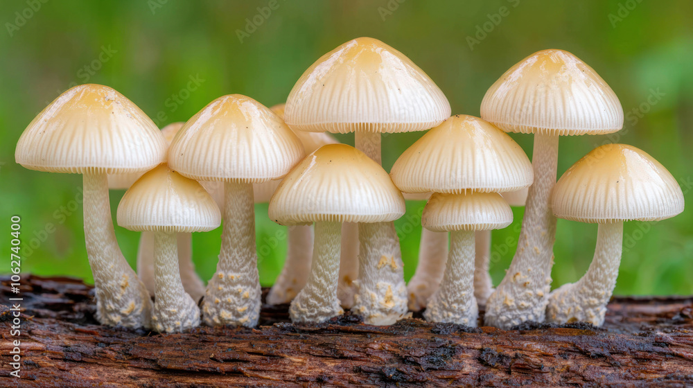 Tiny mushrooms growing on fallen log, showcasing delicate details and natural beauty. This serene scene captures essence of nature wonders Tiny mushrooms growing on fallen log, showcasing delicate details and natural beauty. This serene scene captures essence of nature wonders