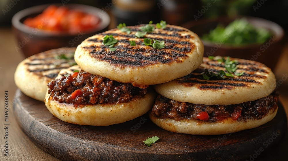 Venezuelan arepa with savory filling, minimalist presentation, neutral backdrop, vibrant colors, culinary delight Venezuelan arepa with savory filling, minimalist presentation, neutral backdrop, vibrant colors, culinary delight