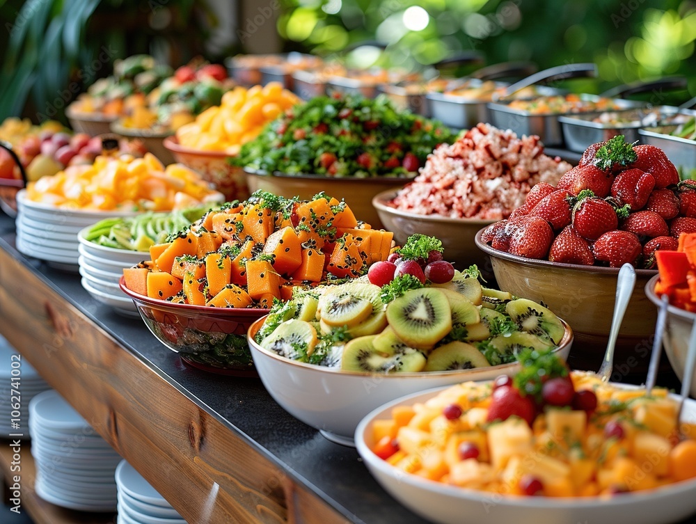 A vibrant display of fresh fruits and salads arranged for a buffet. A vibrant display of fresh fruits and salads arranged for a buffet.