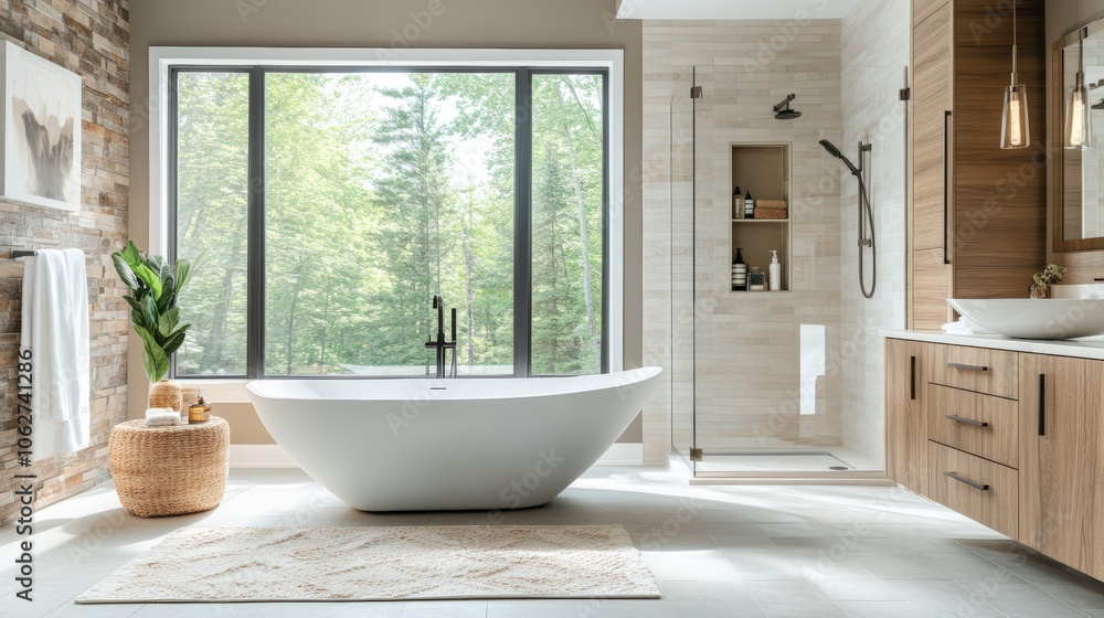 Modern bathroom with freestanding tub and shower. Modern bathroom with freestanding tub and shower.