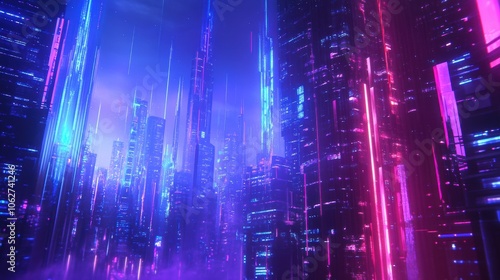 Wallpaper Mural A futuristic neon-lit city skyline silhouette at night, with glowing buildings and abstract light trails in vibrant blues and purples Torontodigital.ca