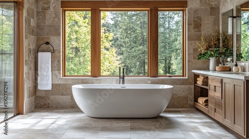 Modern bathroom with freestanding tub, wooden cabinets, and natural light.