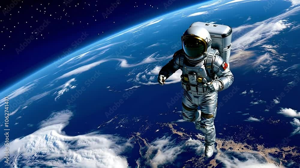 An astronaut in space, floating above the Earth with a clear view of the planet in the background. An astronaut in space, floating above the Earth with a clear view of the planet in the background.