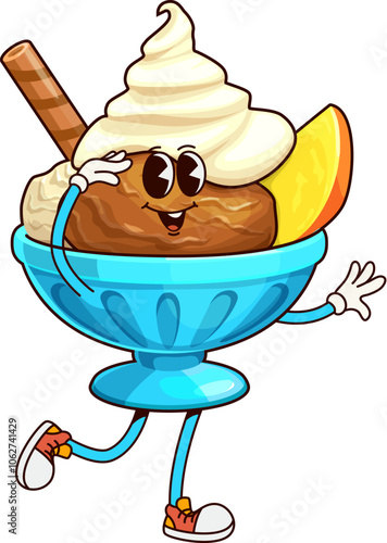 Ice cream sundae groovy character. Cartoon vector delightful dessert bowl, topped with chocolate and creamy swirls, wafer stick and fruit slice. Joyful summer treat personage exudes retro funky vibes
