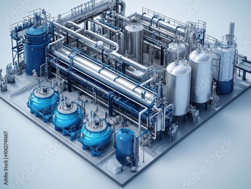 Wastewater Treatment Facility, intricate tanks and piping system, meticulously arranged infrastructure, high-definition clarity, industrial environment