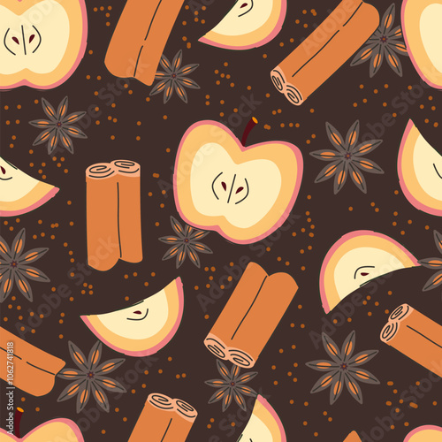 Seamless pattern of apples with anise stars, cinnamon, nutmeg, and cloves. Winter spices on brown background.