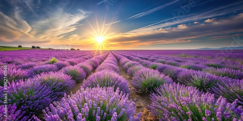 Lavender fields in full bloom with the sun shining down on the purple flowers stretching as far as the eye can see, field, flowers photo