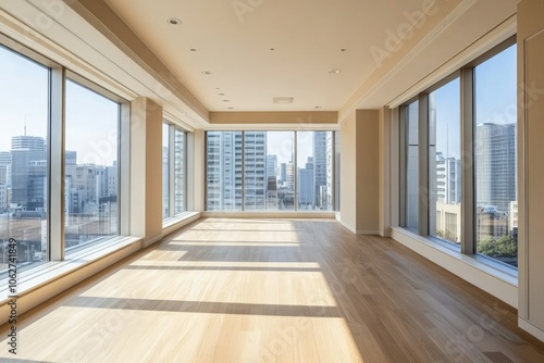 an empty room with large windows overlooking a city