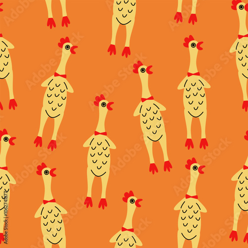 Rubber chicken seamless pattern. Funny dog toys on orange background.