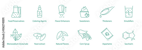 Food Preservatives, Coloring Agents, Flavor Enhancers, Sweetness, Thickness, Emulsifiers, Monosodium Glutamate, Yeast Extract, Natural Flavors, Corn Syrup, Aspartame, Saccharin Vector Icon Set