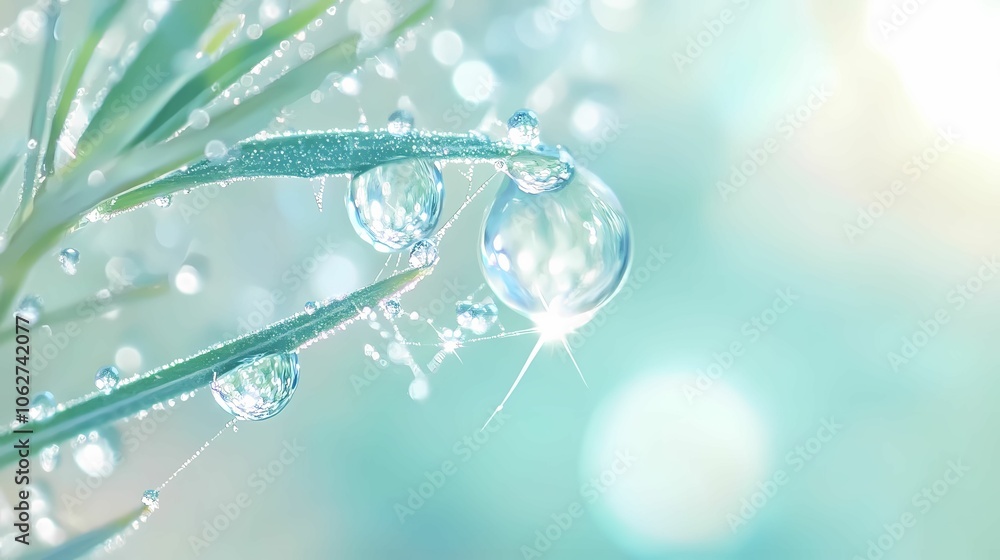 Fototapeta premium A detailed macro shot of a delicate spiderweb covered in glistening raindrops. Each droplet clings to the web’s strands, catching and reflecting the light like tiny jewels. The background is blurred i