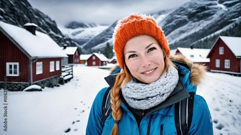 A woman in a blue jacket and a red hat A woman in a blue jacket and a red hat