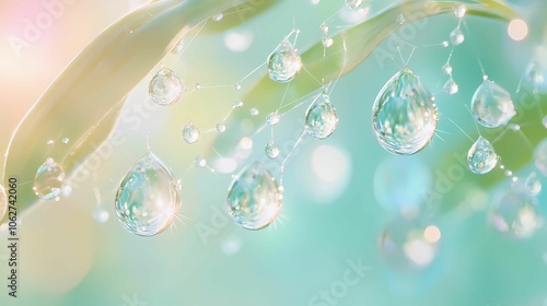 A detailed macro shot of a delicate spiderweb covered in glistening raindrops. Each droplet clings to the web’s strands, catching and reflecting the light like tiny jewels. The background is blurred i