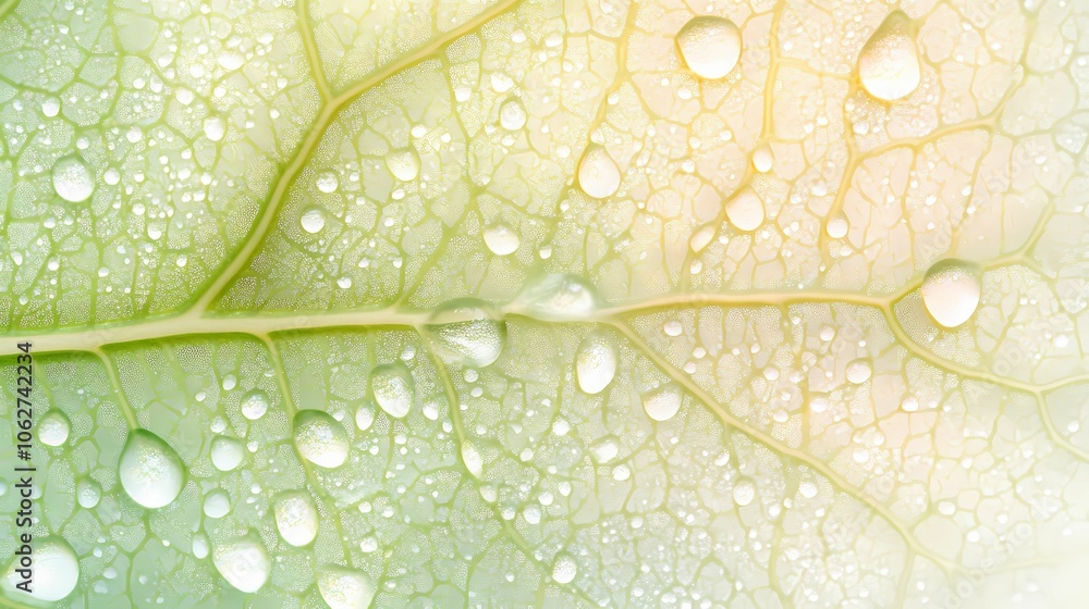 Obraz premium A macro shot of a vibrant green leaf covered in tiny dewdrops, each drop reflecting light like tiny prisms. The intricate network of veins on the leaf is sharply detailed, with textures that appear al