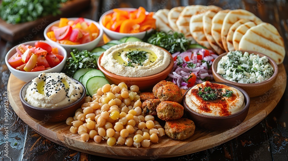 A vibrant platter featuring hummus, pita, vegetables, and falafel for sharing and enjoyment. A vibrant platter featuring hummus, pita, vegetables, and falafel for sharing and enjoyment.
