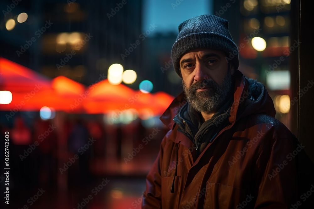 Portrait of a bearded man in a red jacket and a blue hat in the city at night Portrait of a bearded man in a red jacket and a blue hat in the city at night