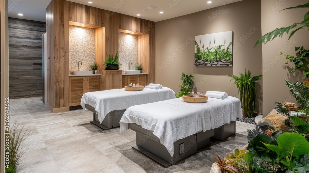 Fototapeta premium Two massage tables in a spa setting.