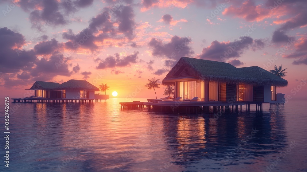 Obraz premium Overwater bungalows under a picturesque sunset sky. Generative AI image