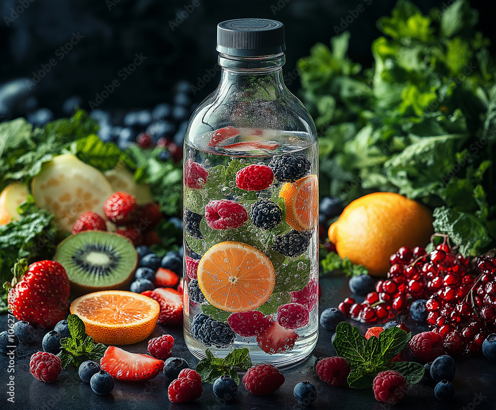 Glass bottle product illustration with a variety of fresh vegetables and fruits, focusing on organic, healthy and delicious produce Glass bottle product illustration with a variety of fresh vegetables and fruits, focusing on organic, healthy and delicious produce
