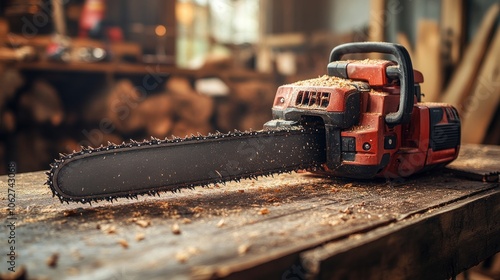 A close-up of a chainsaw on a wooden surface with sawdust. photo