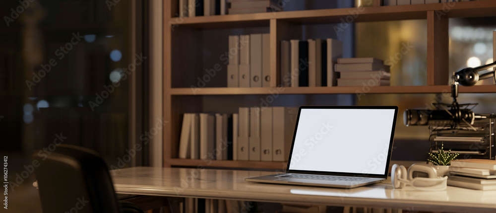 A laptop, a microphone, and headphone on a table in a modern office at night. A laptop, a microphone, and headphone on a table in a modern office at night.