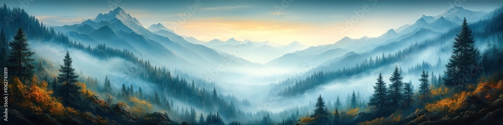 Serene mountain landscape at dawn with mist and vibrant foliage. Serene mountain landscape at dawn with mist and vibrant foliage.