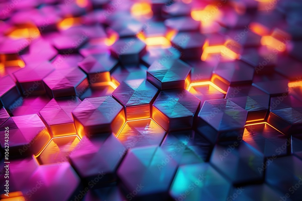 A vibrant, abstract hexagonal pattern with glowing edges in a colorful digital design. A vibrant, abstract hexagonal pattern with glowing edges in a colorful digital design.