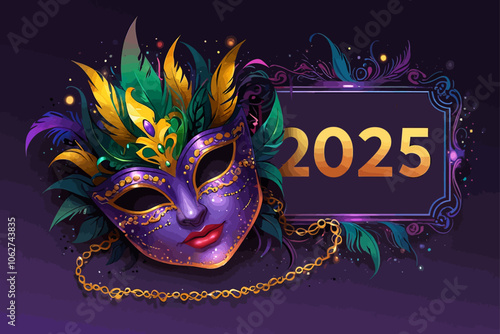 mardi gras year 2025  illustration purple yellow green background AI generated image