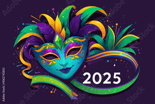 mardi gras year 2025  illustration purple yellow green background AI generated image