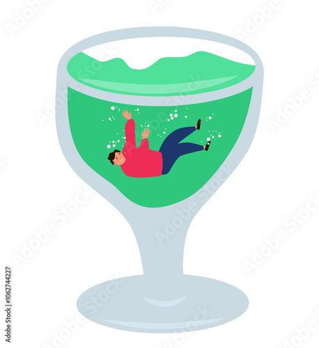 drowning man in the glass of alcohol addiction vector illustration