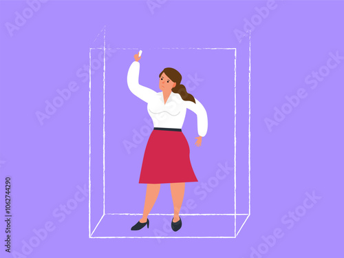 woman introvert  drawing rectangle box around herself comfort zone personal boundary vector illustration