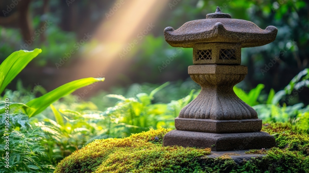 Stone Lantern in Japanese Garden with Sunlight and Green Foliage Stone Lantern in Japanese Garden with Sunlight and Green Foliage
