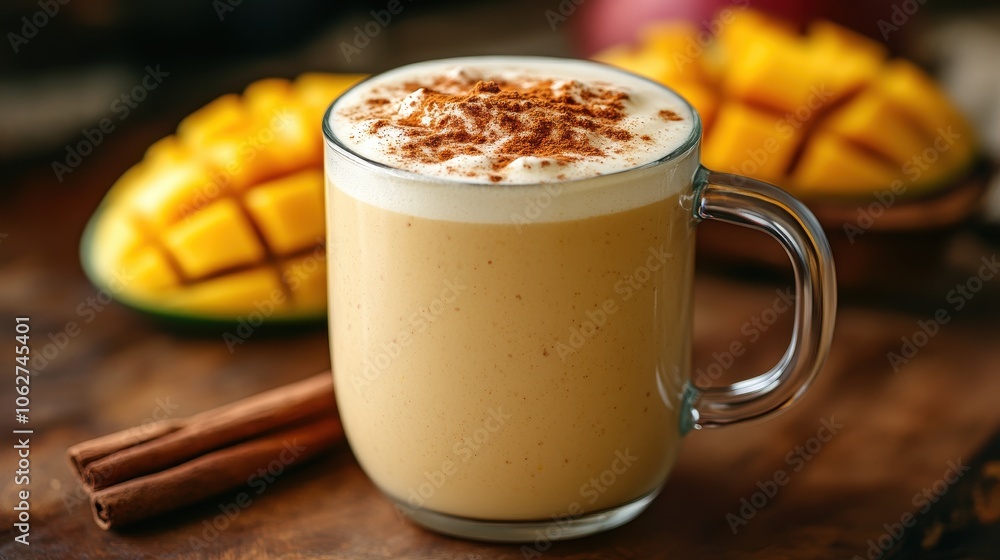 A mug of creamy, frothy drink topped with cinnamon, with a mango in the background A mug of creamy, frothy drink topped with cinnamon, with a mango in the background