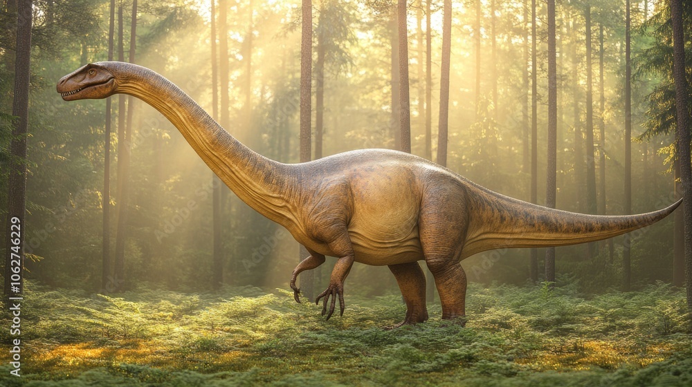 Obraz premium Brachiosaurus Dinosaur in a Forest Clearing at Sunrise