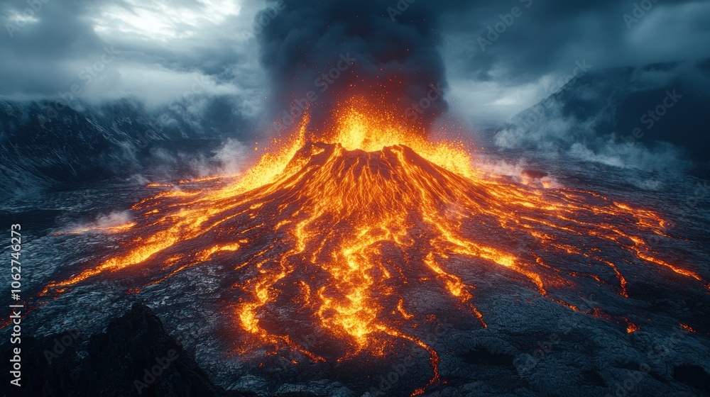 Fototapeta premium A fiery volcanic eruption with lava flowing down the mountainside, a dramatic scene of nature's power.