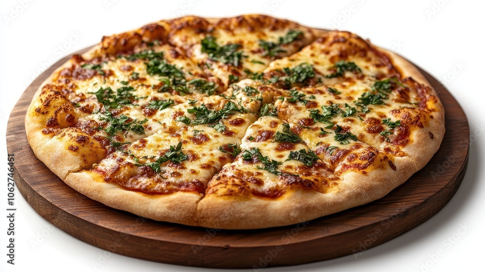 Pizza Quattro Formaggi on a wooden tray, isolated on a white background, rustic and cheesy. Pizza Quattro Formaggi on a wooden tray, isolated on a white background, rustic and cheesy.