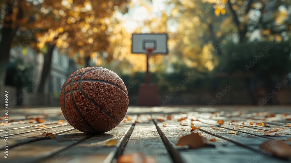 A classic basketball placed on a wooden court floor with a hoop and backboard in the background, emphasizing the texture and detail of the ball. A classic basketball placed on a wooden court floor with a hoop and backboard in the background, emphasizing the texture and detail of the ball.