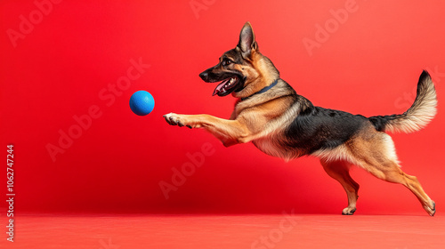 german shepherd dog hunting a blue ball photo