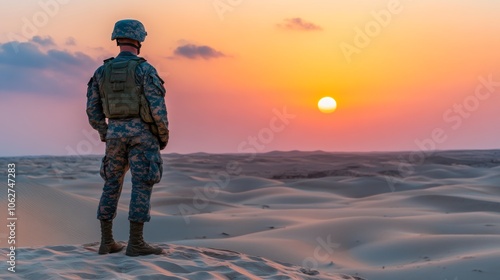 Soldier Silhouette at Sunset Over Desert Dunes