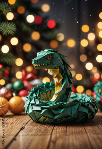 origami snake at chrystmas background cinematic light photo