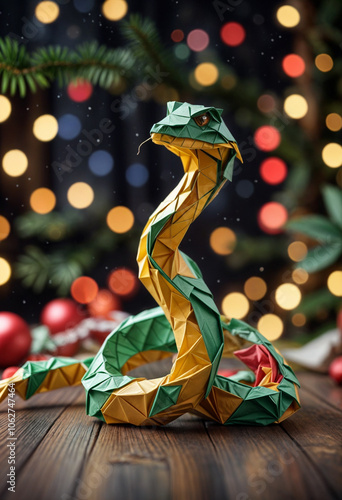 origami snake at chrystmas background cinematic light photo