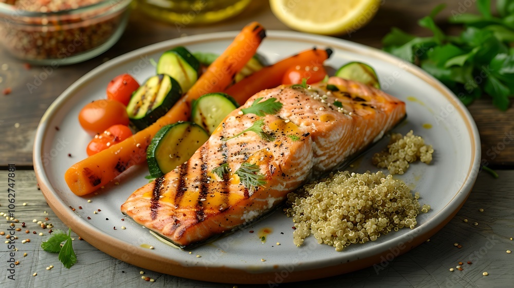 A balanced meal of grilled salmon, quinoa, and vegetables on a plate A balanced meal of grilled salmon, quinoa, and vegetables on a plate