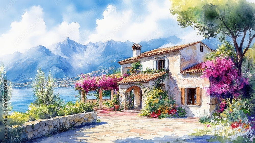 Beautiful house surrounded by flowers, mediterranean architecture watercolor painting Beautiful house surrounded by flowers, mediterranean architecture watercolor painting