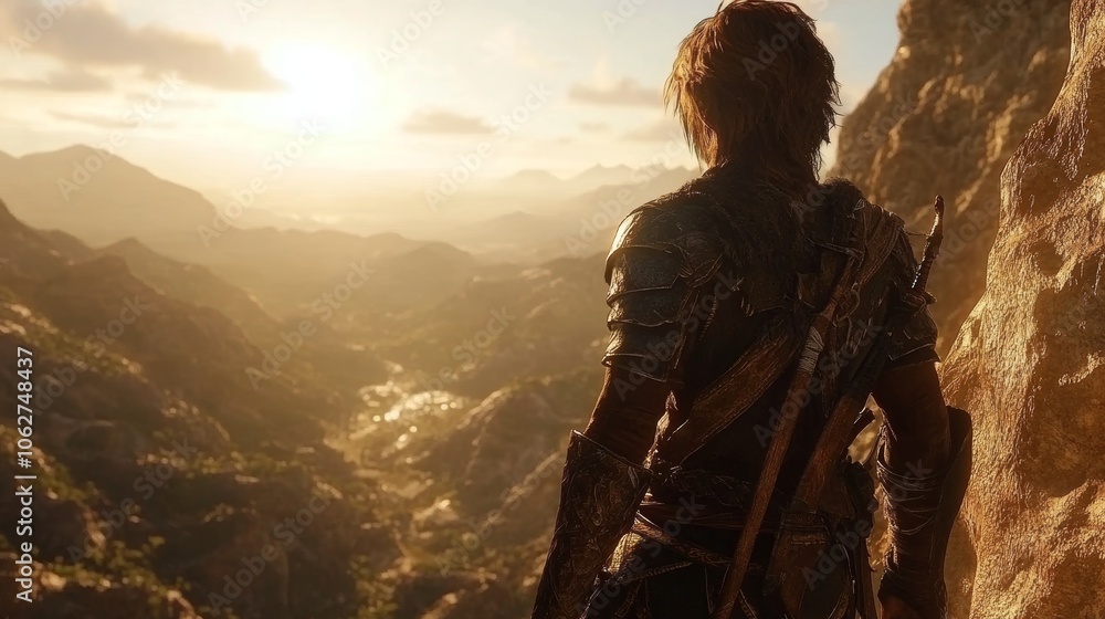 Epic Mountain Sunset with Warrior Looking at Valley Epic Mountain Sunset with Warrior Looking at Valley